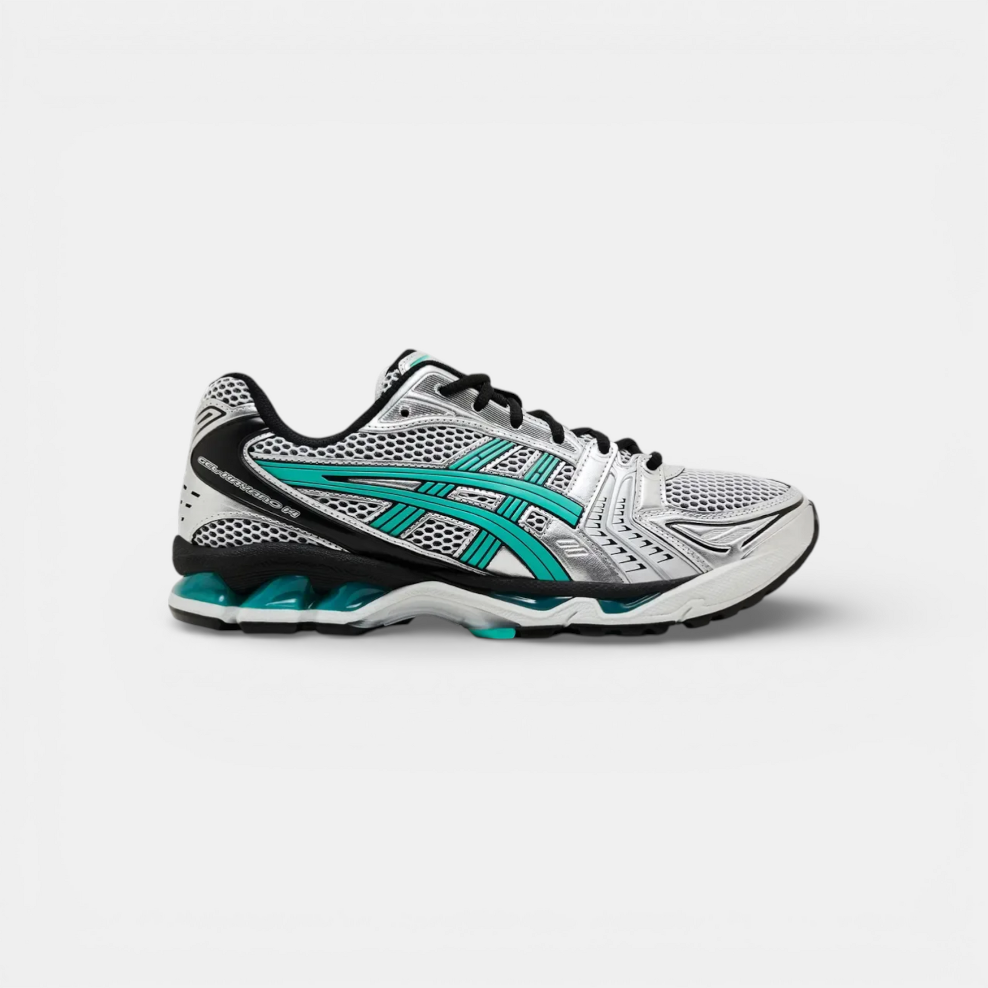 ASICS Gel-Kayano 14 Tiffany sneakers in silver, black, and teal mesh and synthetic materials with GEL cushioning.