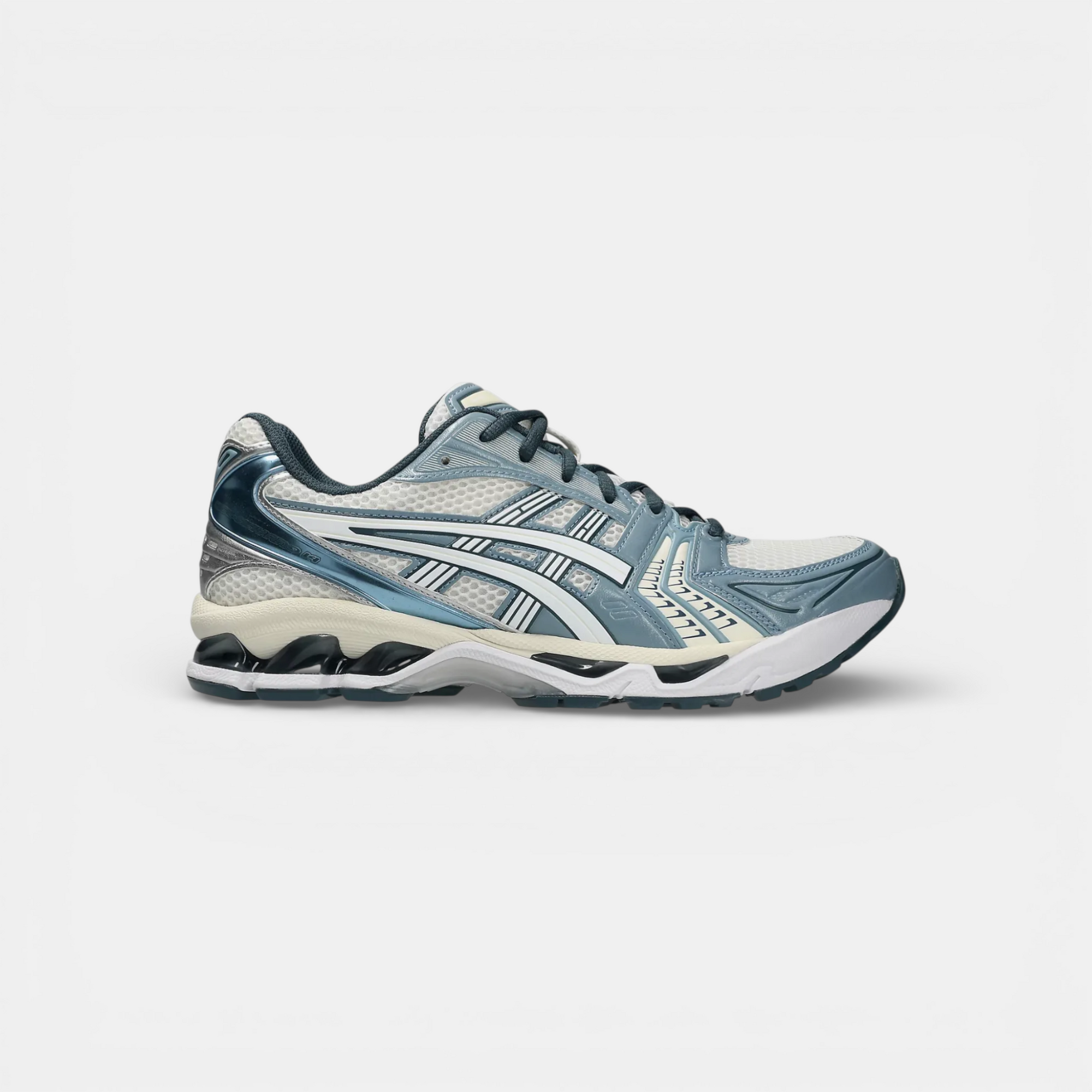 ASICS Gel-Kayano 14 running shoes in cream, raw indigo, and white. Breathable mesh with synthetic overlays and GEL cushioning.