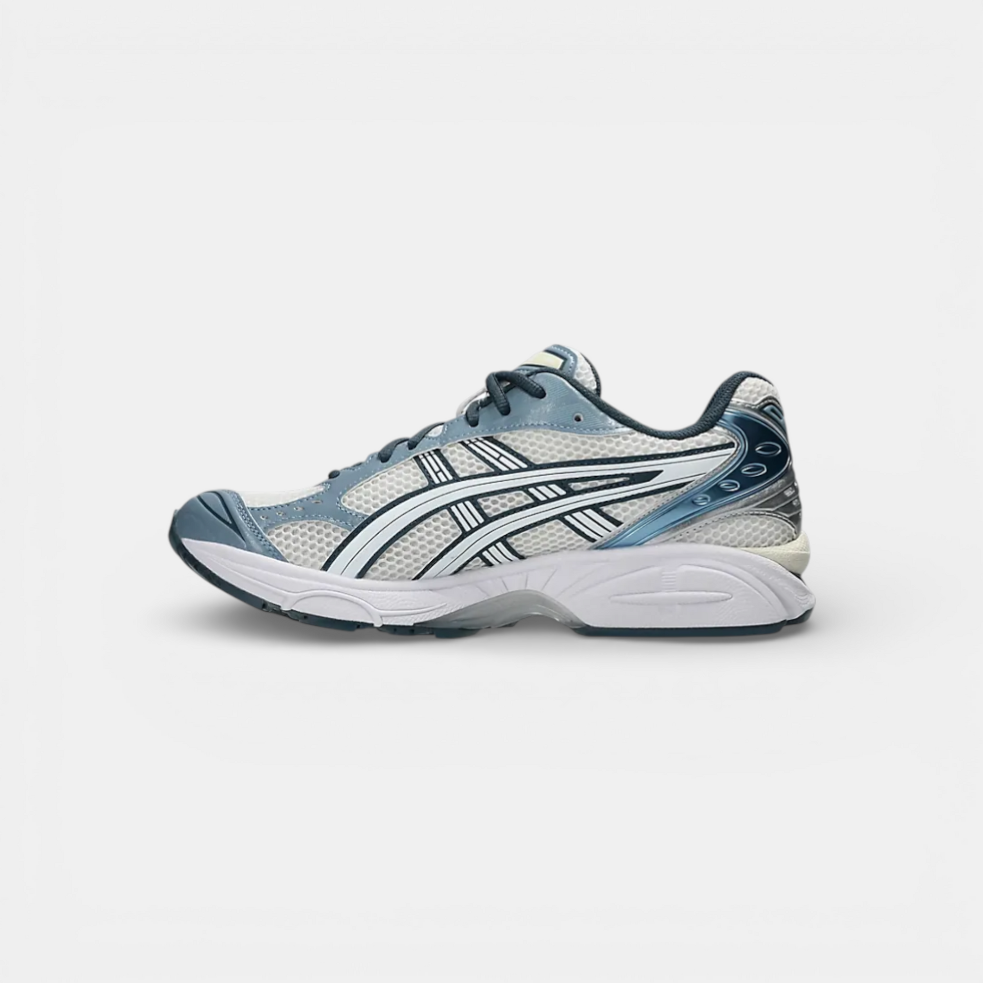 wathe ASICS Gel-Kayano 14 running shoes in cream mesh with raw indigo and silver synthetic overlays. Features GEL cushioning and TRUSSTIC stability.