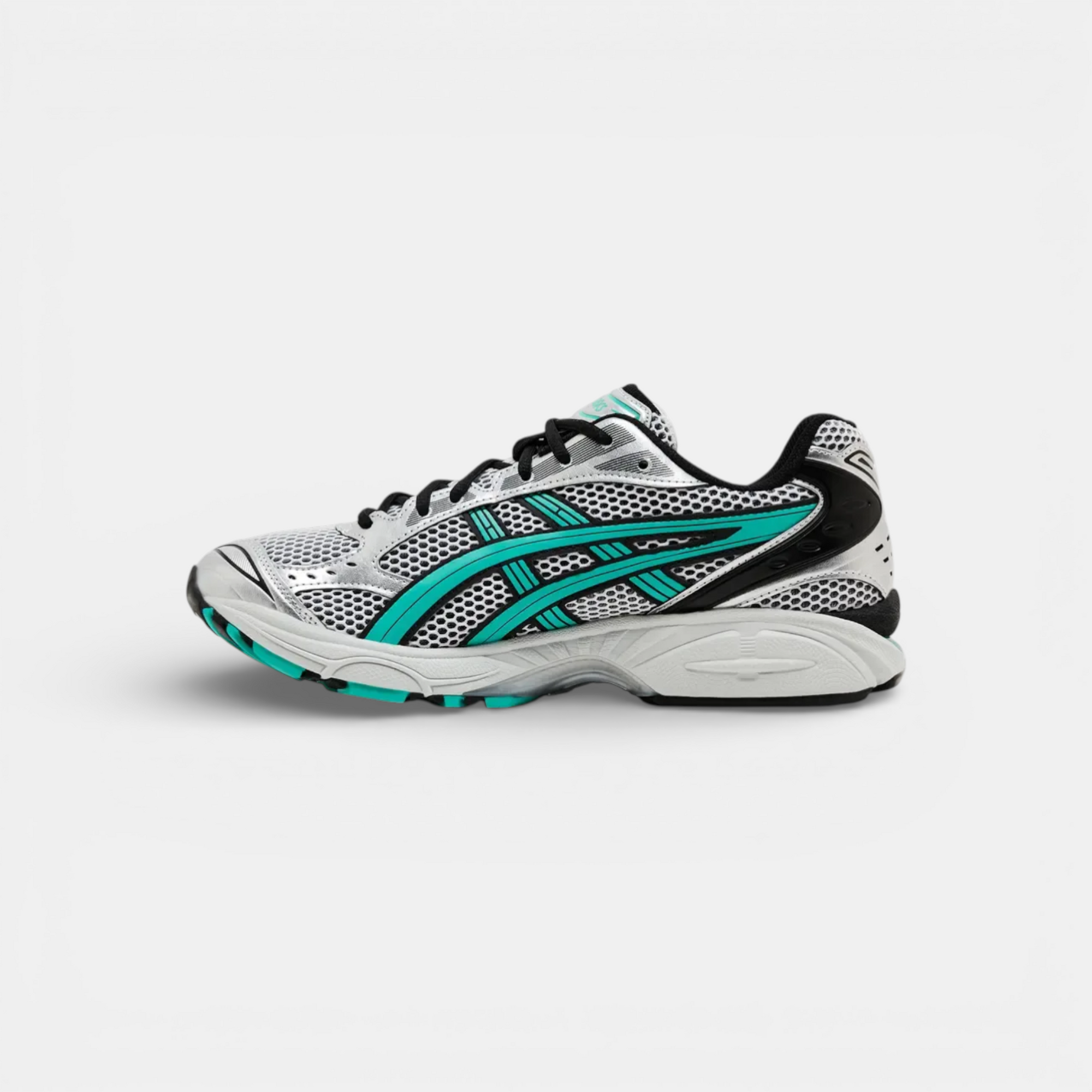 ASICS Gel-Kayano 14 Tiffany sneakers in silver, black, and teal mesh with a comfortable, breathable design for everyday wear.